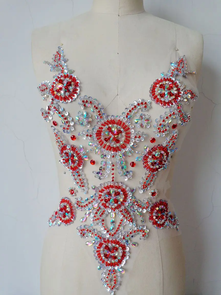 Handmadesky red/clear AB colour sew on  Rhinestones applique on mesh crystal patches with stones sequins beads 45*35cm