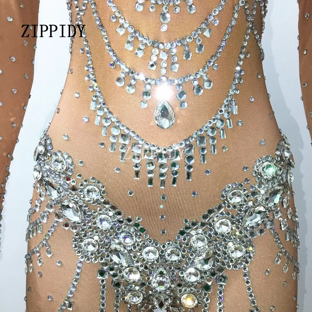 New Glisten Crystals Jumpsuit Costume Bling Big Stones Rompers Women Outfit Diamonds Bodysuit Birthday Celebrate Occasion Wear