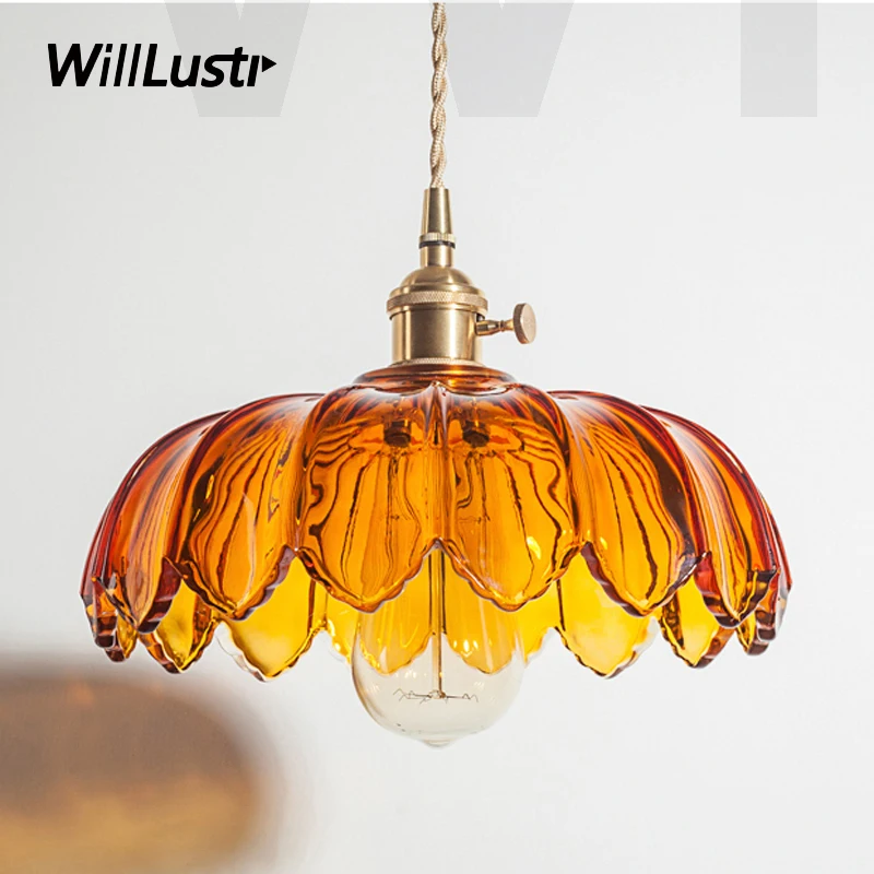 Nordic vintage crystal color pressed glass pumpkin pendant light home dinning room hotel restaurant light brass suspension lamp