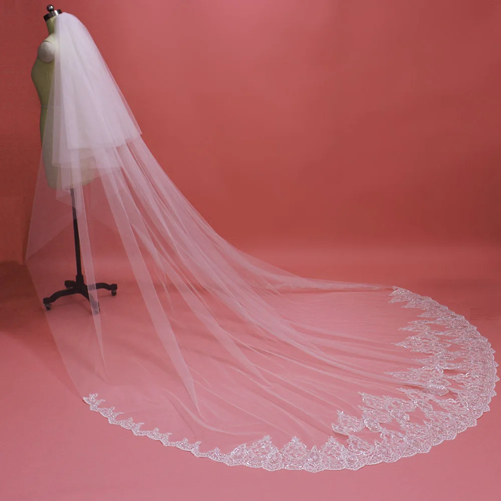 High Quality Neat Sequins Lace Cathedral Wedding Veil with Blusher 2 T Long 3M Bridal Veil Voile Mariage 2019 Bride Accessories