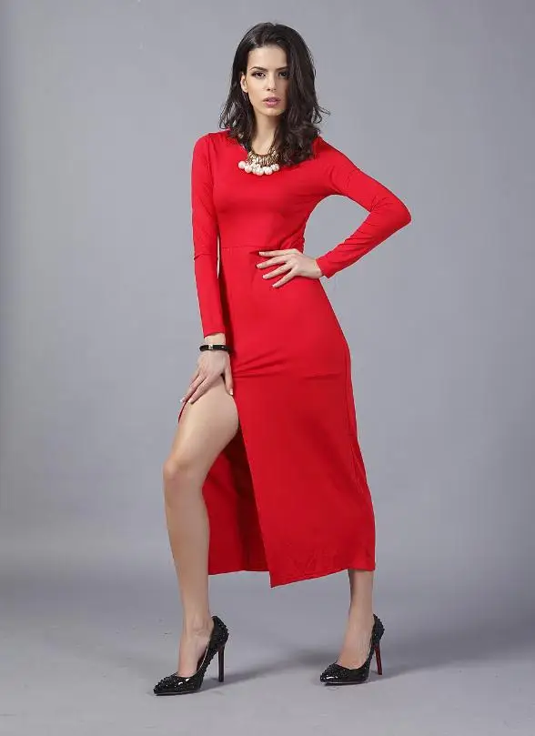 2015 New Arrive Sexy Vestidos Ladies Optical Illusion Contrast Bodycon Split Side Calf Party Dresses  Vestidos Black, red