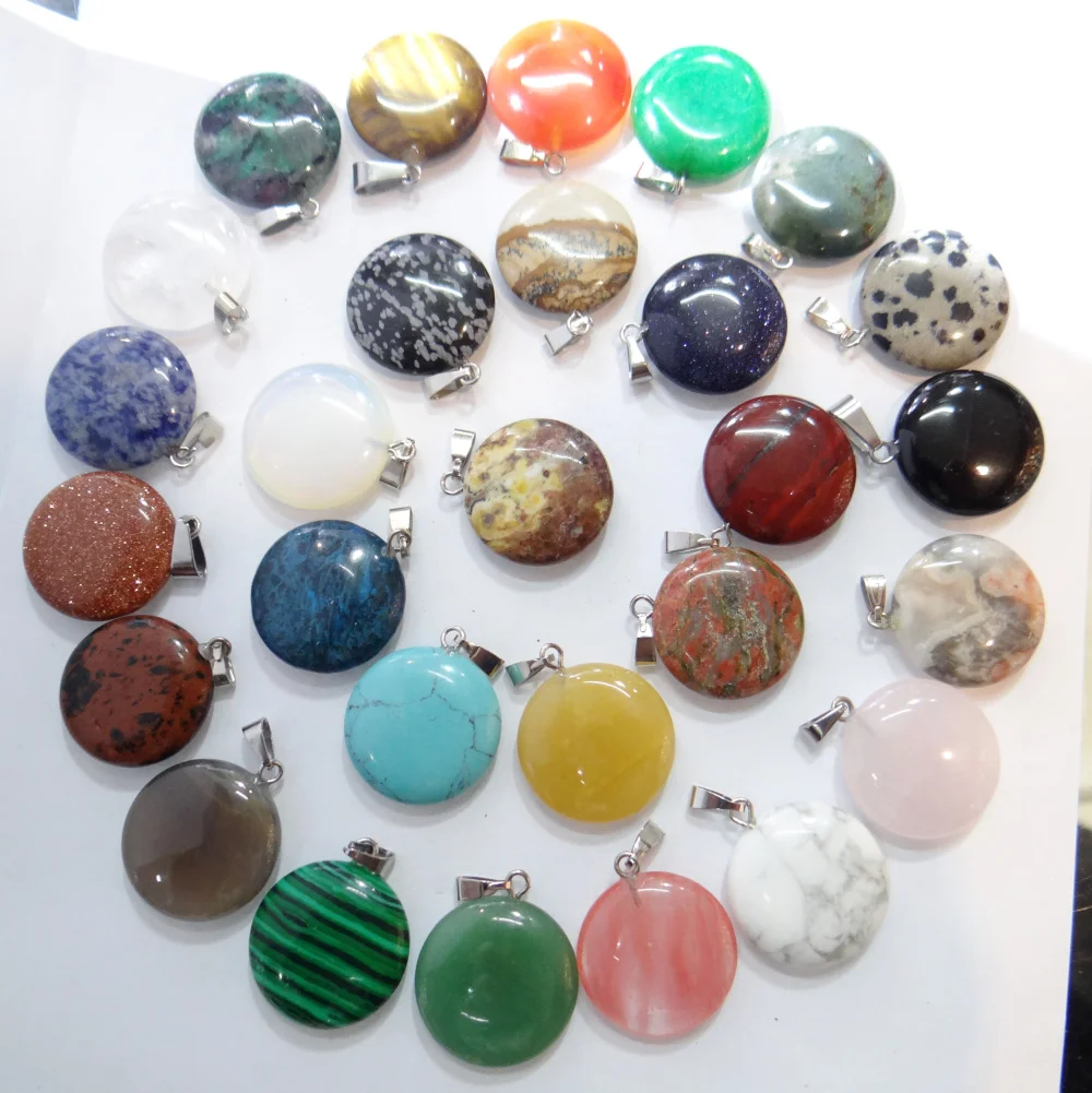 Wholesale Natural Stone Quartz Crystal tiger eye Unakite Mix Onyx Charms Round cake Pendants For Jewelry Making necklace 12PC