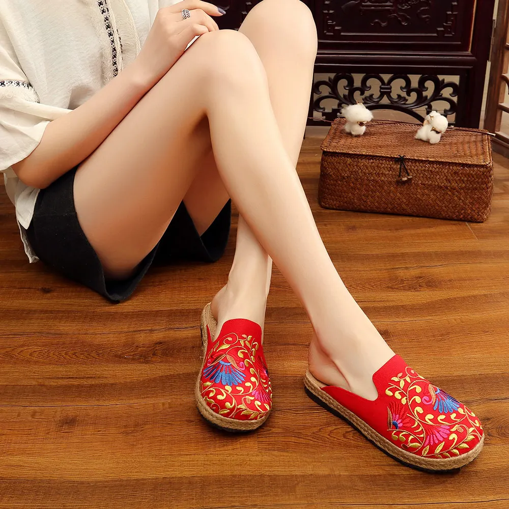 Veowalk Handmade Women Close Toe Linen cotton Slippers Summer Breathable New Embroidered Slides Ladies espadrilles Shoes