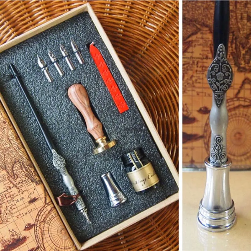 High Quality Antique Gift Dip Pen Set with 4 Nibs 1 ink Stamp Seal Wax Pen Holder Wedding Handwriting Pen