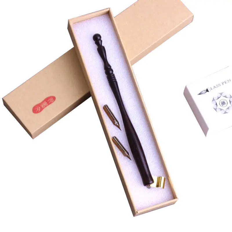 

Wooden Dip Fountain Pen Handle Nib Holder + 2 Flat Nibs Kit (G +EF) ink pen English Calligraphy Pen Gift Box