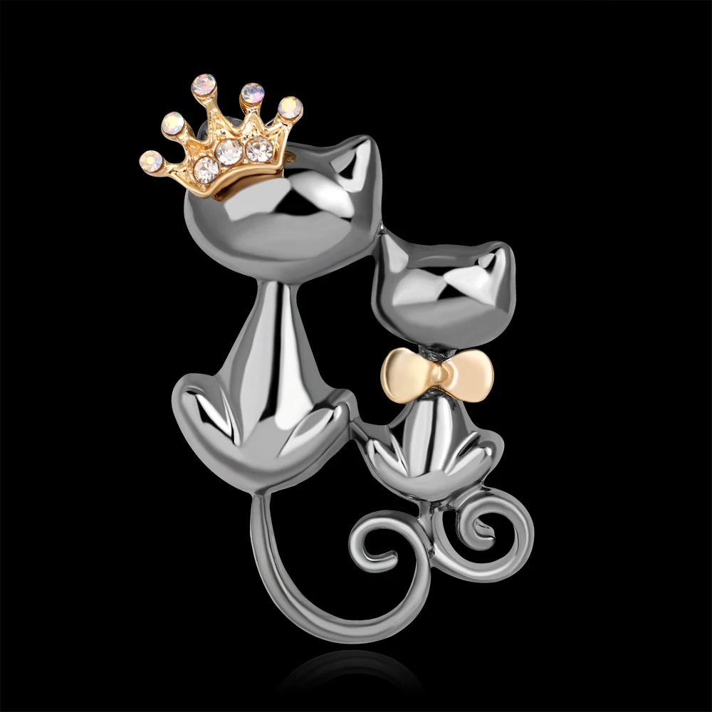 Vintage Metal Crystal Couple Queen Cat Brooch For Women Mom Collar Pins Corsage Double Animal Brooch Badges Jewelry Accessories