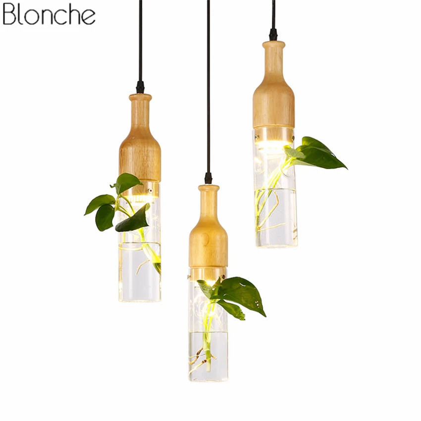 DIY Bottle Plant Pendant lights LED Wood Hanging Lamp Glass Lights for Living Room Restaurant Indoor Lighting Fixtures Decor