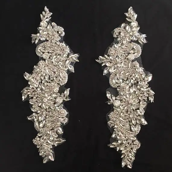 1 pair/lot Rhinestone Crystal Beaded Iron on Bridal Applique Pair for Wedding Sash Belt , Gown Straps 11 x 31 cm