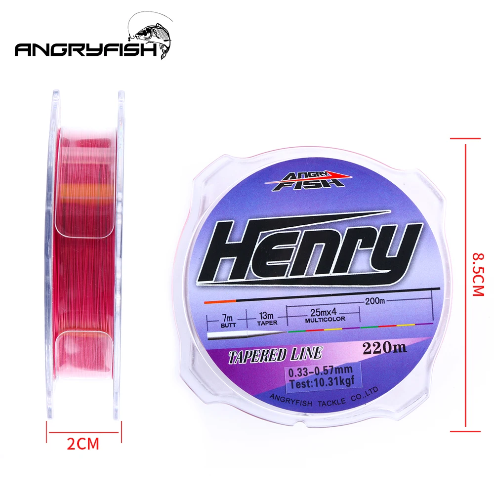 Linha de pesca esportiva angryfish, linha de pesca de nylon afunilada, popular, de 220m, série engarrafada