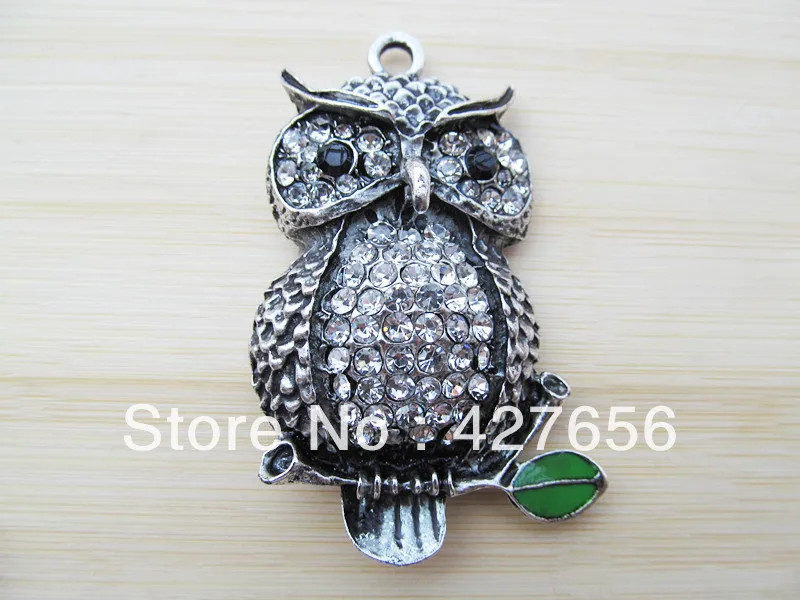 1pcs large antique silver tone night owl pendant/haning charm/finding with 68pcs white rhinestone B0002