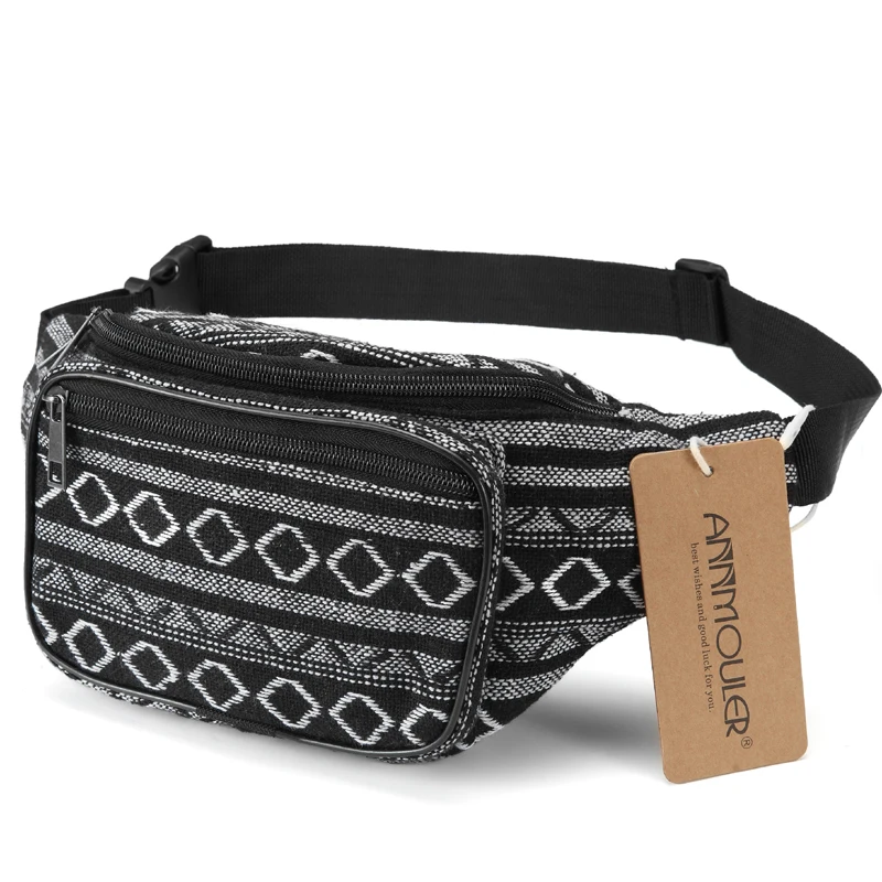 Annmouler Fashion Women Waist Packs 6 Colors Fabric Fanny Pack Double Zipper Chest Bag Bohemian Style Tribal Phone Belt Bag