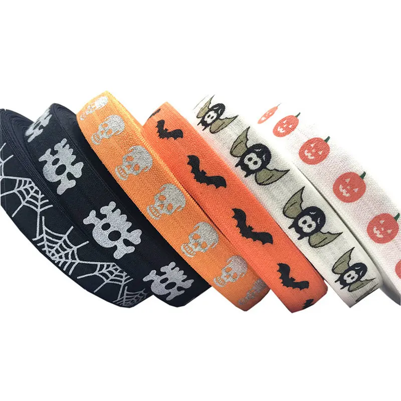 Halloween Witch Pumpkin Bat Skull Spider Web Fold Over Elastic 5/8\