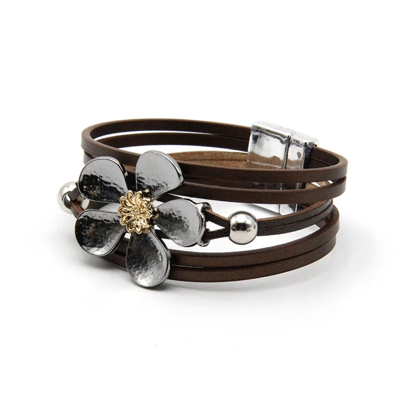 ZG  Multilayer Leather Bracelets for Women Femme 4 Colors Magnet Clasp Flower Bohemian Style Bangle Female Jewelry