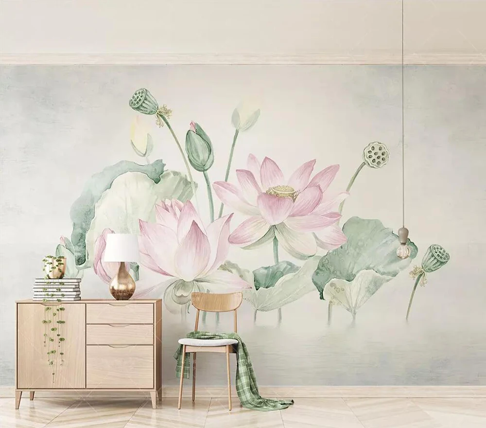 

Decorative wallpaper Small fresh pink hand-painted watercolor lotus lotus leaf lotus background wall