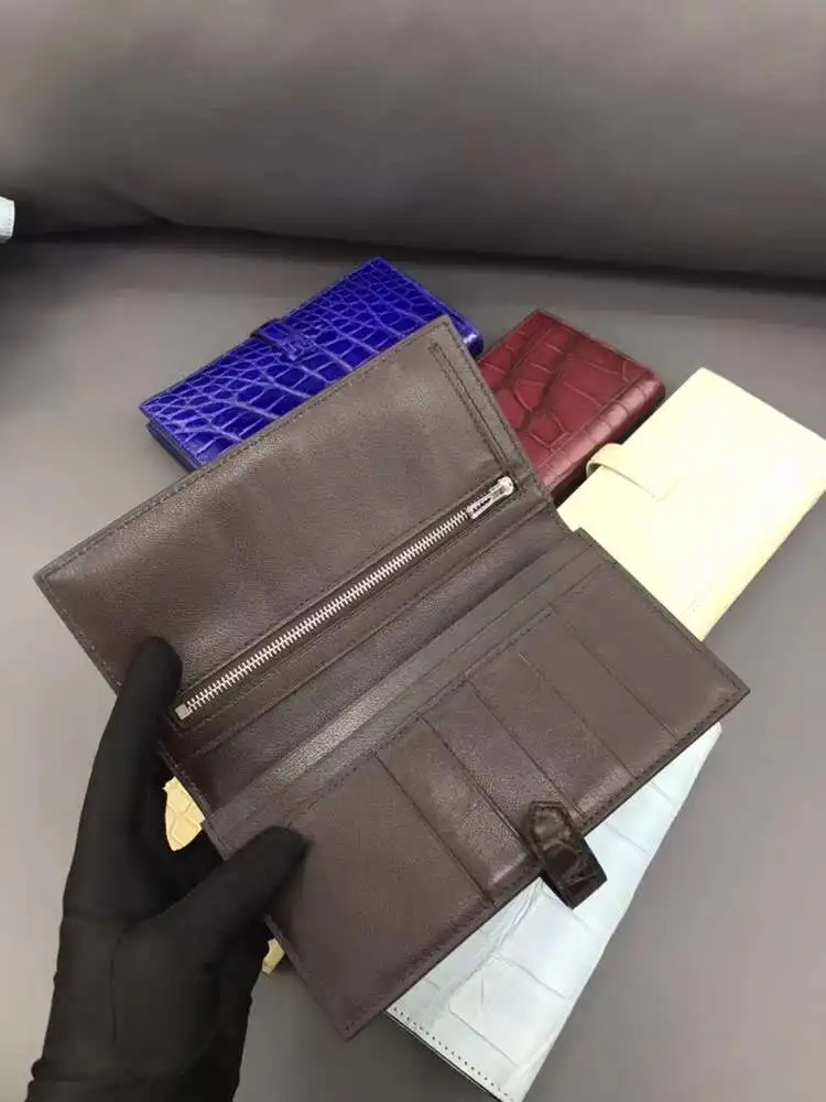 100% REAL genuine crocodile leather skin men wallet long size matt colors with cow skin lining bank card cash license holder
