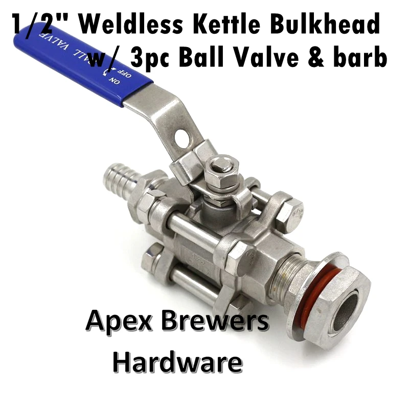 

1/2" Weldless Kettle Bulkhead w/ 3pc Ball Valve & barb Homebrew Beer Kettle Pot Brewers Hardware