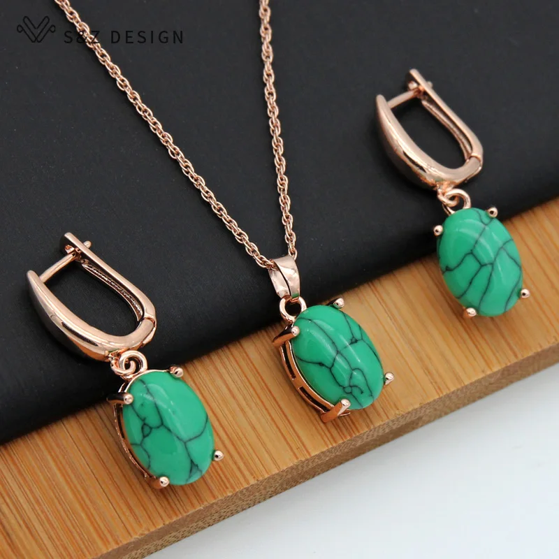 S&Z DESIGN New Turquoises Oval Egg Shape 585 Rose Gold Color Dangle Earrings Jewelry Sets For Women Fashion Pendant Necklace