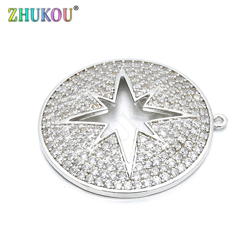 30mm Brass Cubic Zirconia Round Circle With Inside Star Charms Pendants DIY Jewelry Bracelet Necklace Making, Model: VD77