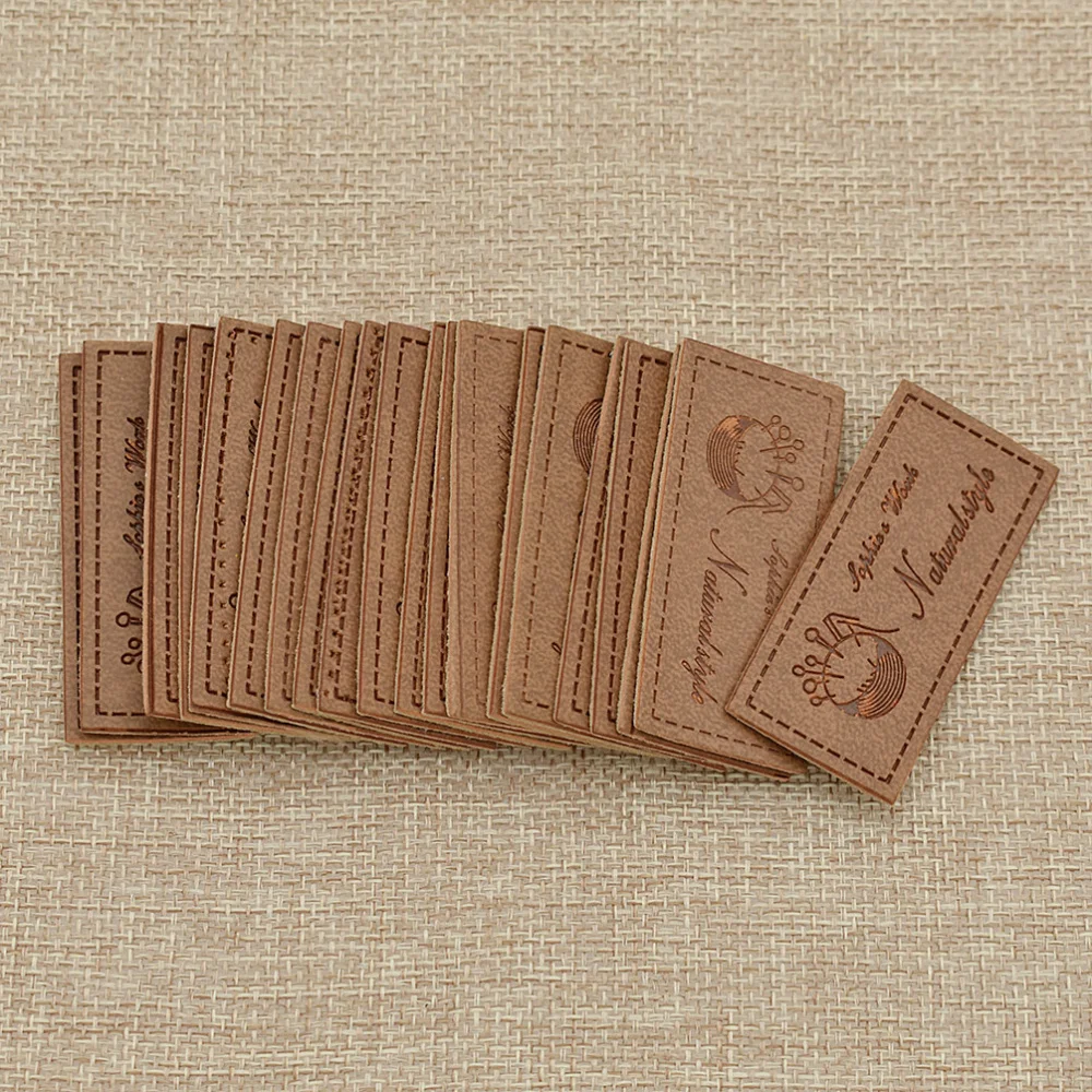 20pcs Vintage Brown Artificial PU Leather Garment Label For DIY Handmade Craft Sewing On Bag Toys Decor Tags Supplies