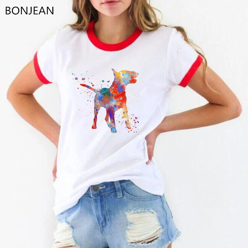 Novelty design Bull Terrier watercolor print t shirt women summer tops t-shirt femme funny dog lover tshirt female streetwear