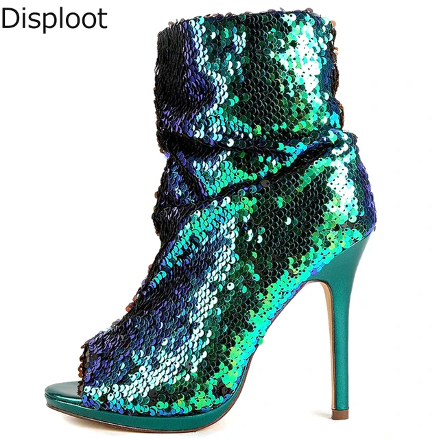 Bling Bling Peacock Green Sequins Peep Toe Thin High Heels Ankle Boots Women Sexy Glitter Stage Show Bottines Shoes Women s Boots AliExpress