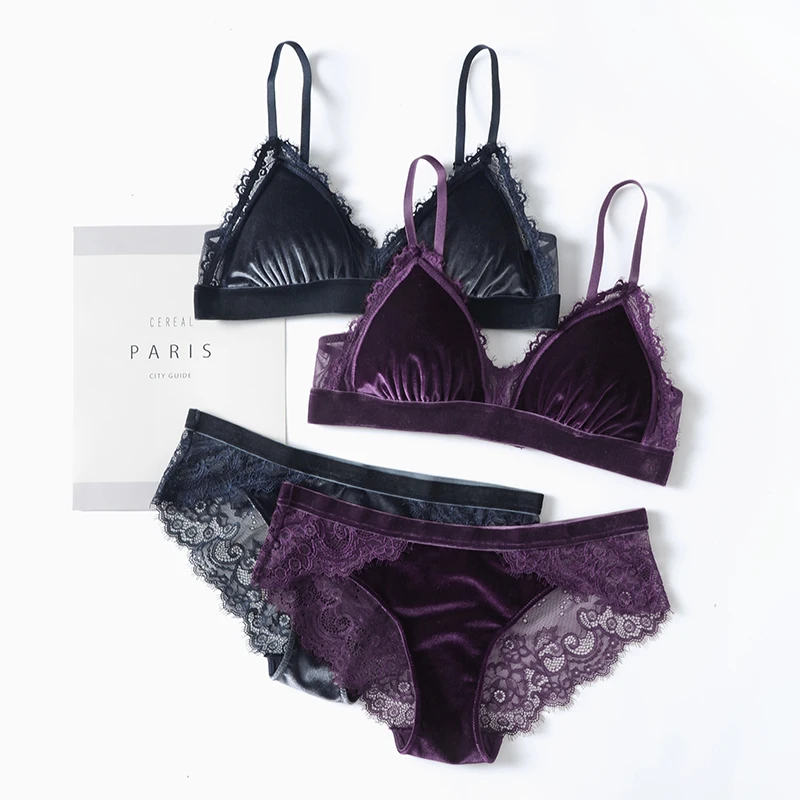 

Lace velvet thin section wireless underwear female autumn and winter comfortable bra panties set