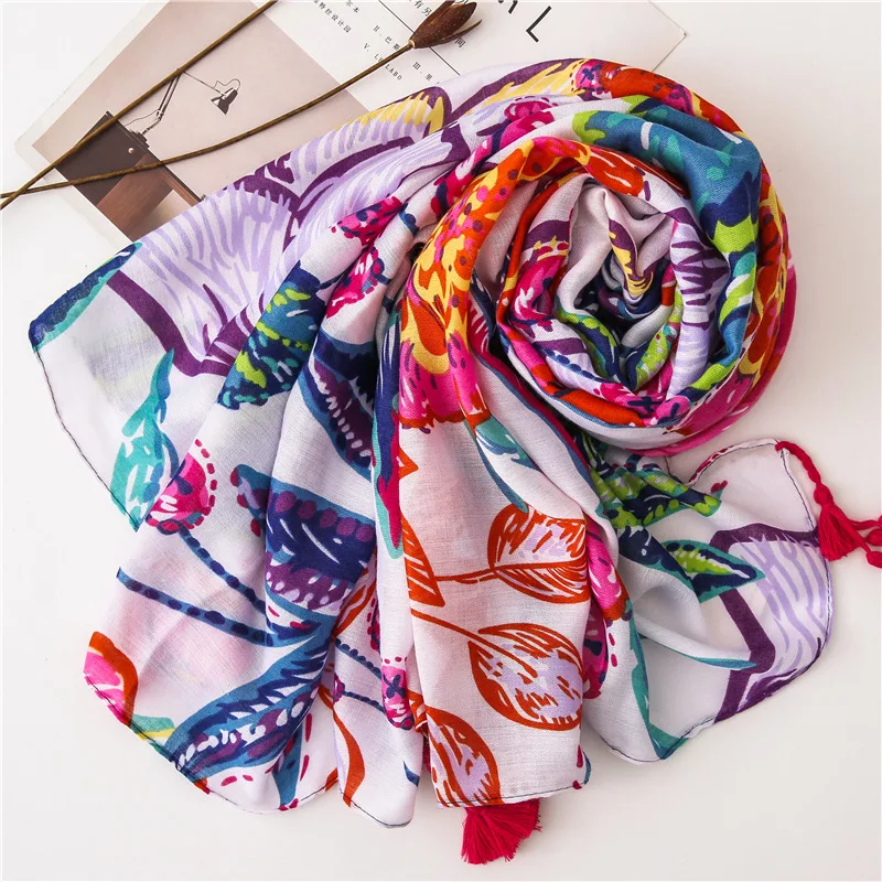 Lenço de borla floral para mulher, xale viscose, envoltório, pashmina, roubou, muçulmanos, hijab, snood, senhoras, Espanha Fashion