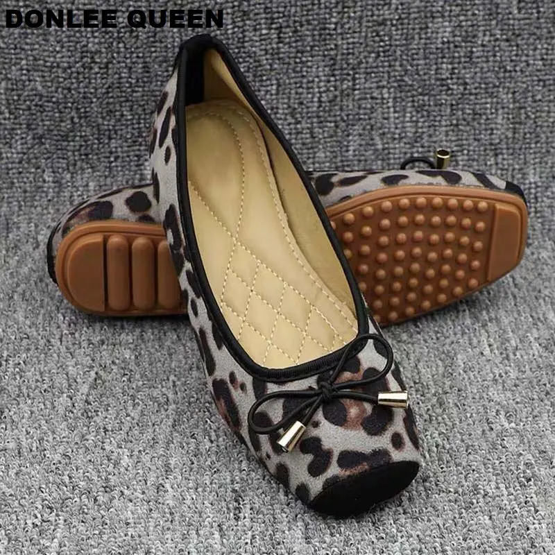 DONLEE QUEEN Women Flats Leopard Square Toe Bow Tie Ballet Shoes Leisure Slip On Ladies Flat Comfortable Footwear Moccasins Shoe