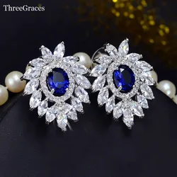 ThreeGraces Fashion Women CZ Earrings Jewelry Luxury Zirconia Stone Royal Blue Big Leaf Crystal Stud Earring For Wedding ER192