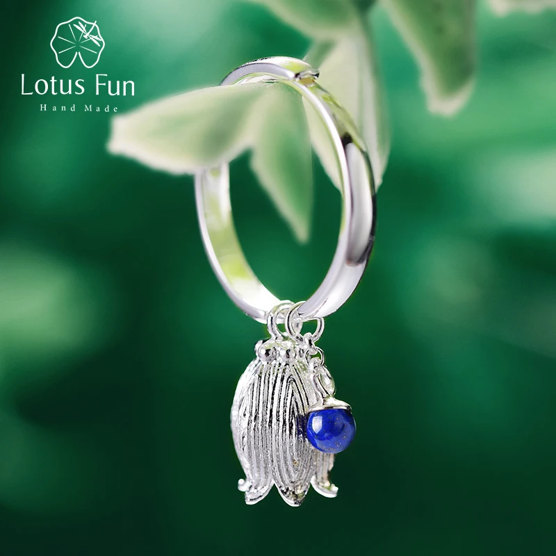 Lotus Fun Real 925 Sterling Silver Natural Lapis Gemstone Creative Vintage Fine Jewelry Fresh Redbud Bell Flower Rings for Women