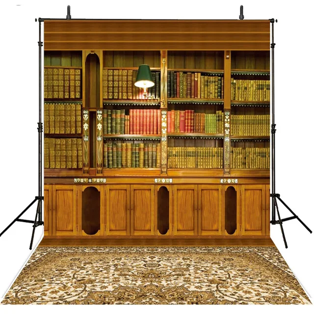 Indoor Room Bookshelf Backdrop Photography Printed Brown Bookcase Books Table Lamp Vintage Carpet Kids Photo Shoot Backgrounds