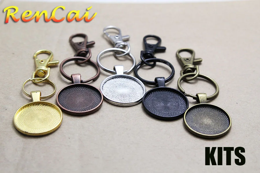 10kits Vintage 30mm Round Blank Pendant Key Chains Kits Pendant Trays with Glass Cabochons For DIY Cabochons Cameo Making Craft