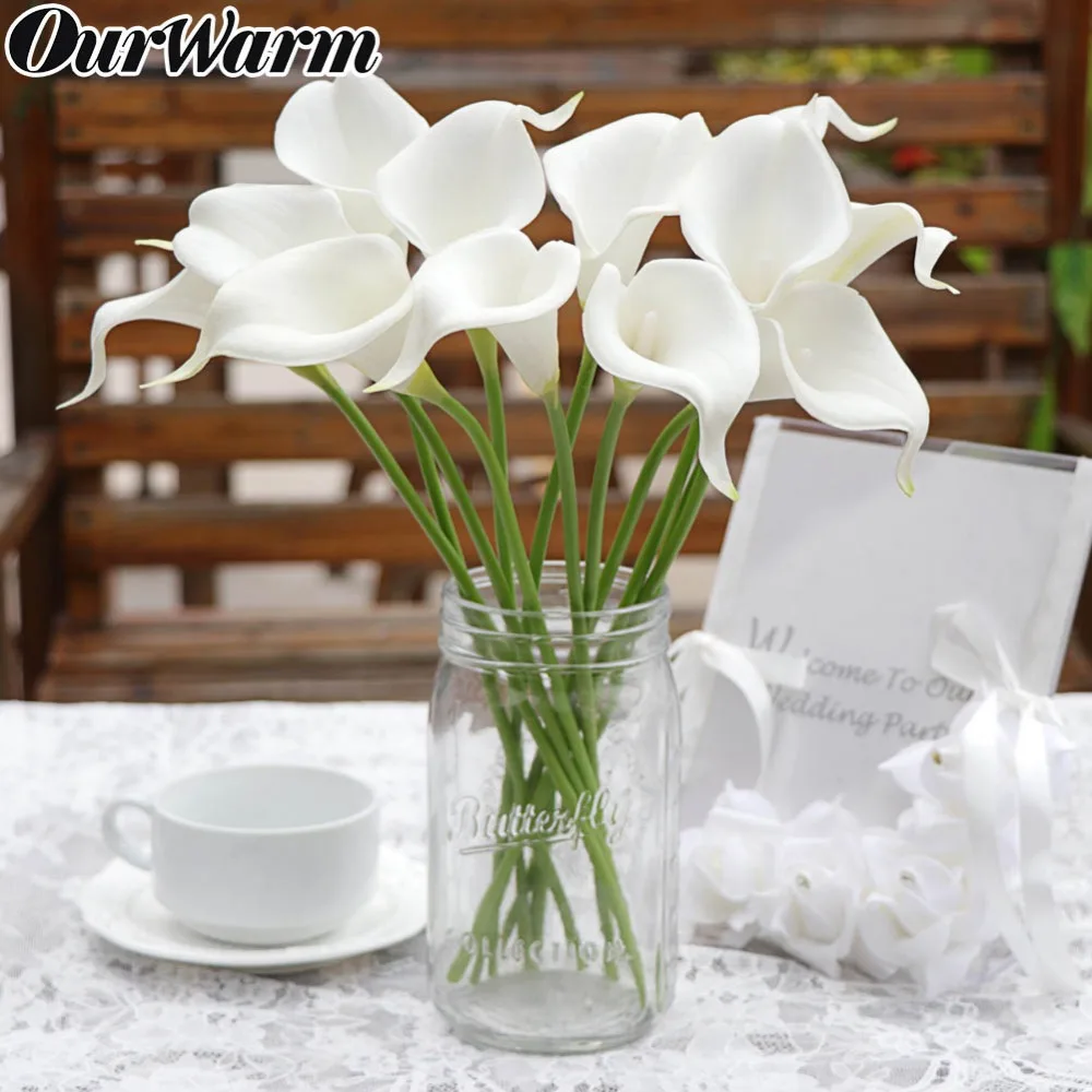 

OurWarm 10 Head White Calla Lily Decorative Bridal Wedding Bouquet Latex Real Touch Artificial Flowers for Wedding Decoration