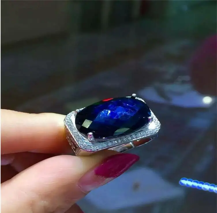 S925 sterling silver inlaid Natural sapphire ring 13*18mm High quality pure Gem good clarity For Men or Woman