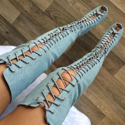 Sexy Peep Toe Cross-tie Denim Cloth Thigh High Boots Thin High Heel Adjustable Lace Up Cowboy Over Knee Long Botas Shoes