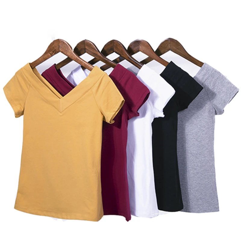 T-shirt manches courtes col en v pour femme, simple et basique, en coton uni, de haute qualité, 5 couleurs acidulées, été 2021