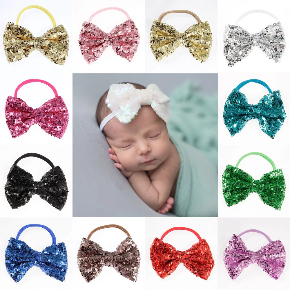 NISHINE New Bling Glitter Sequin Bow Knot Headband Girl Chic Khaki Nylon Headwear Hair Accessories Cute Gift