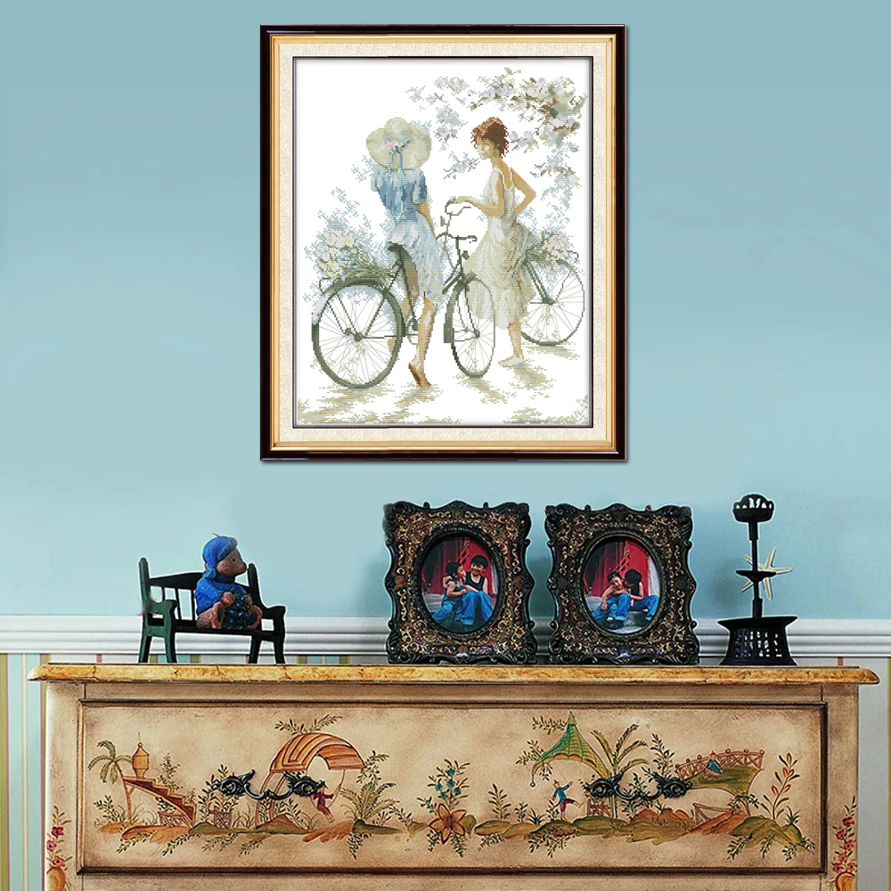 Joy Sunday Bicycle Girl Cross Stitch Kits, Counted and Stamped Home Decoration, RA056 14CT 11CT