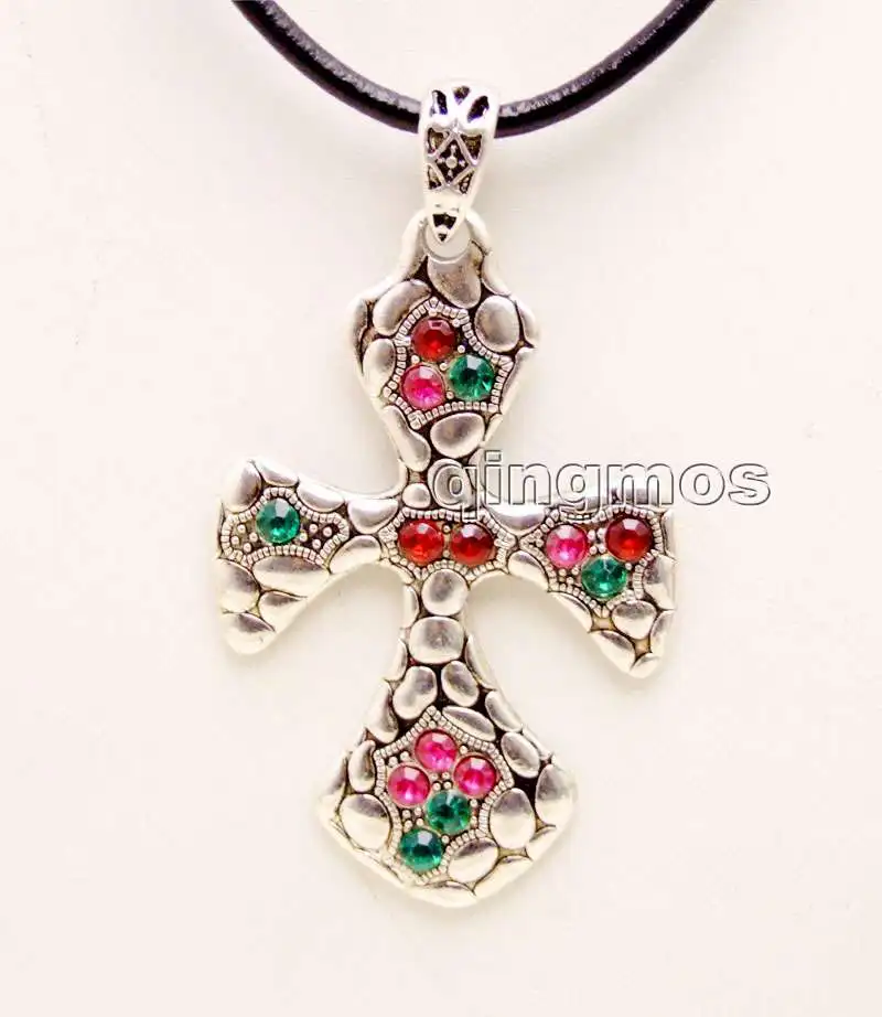 

Big 40*70mm White Cross With Multicolor crystal Pendant 17-19'' Leather necklace -nec6153 wholesale/retail Free ship