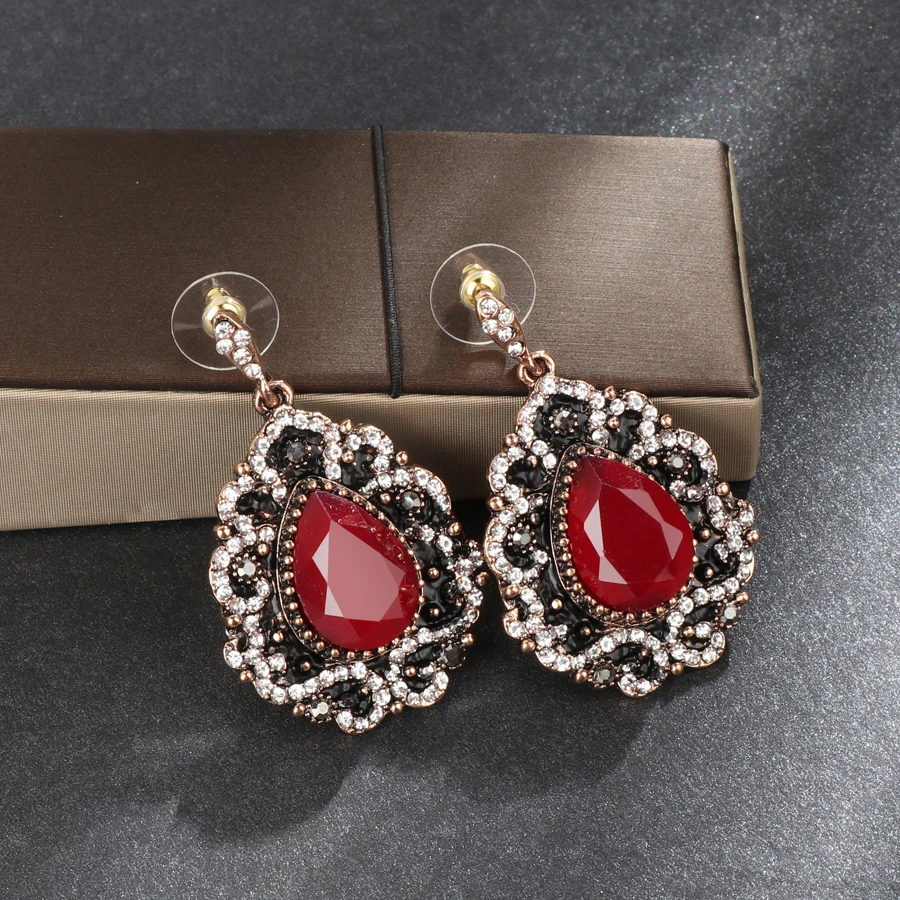 Fashion Bohemian Earrings For Women Black Enamel Crystal Blue Red Stone Drop Earings Vintage Antique Gold Wedding Jewelry