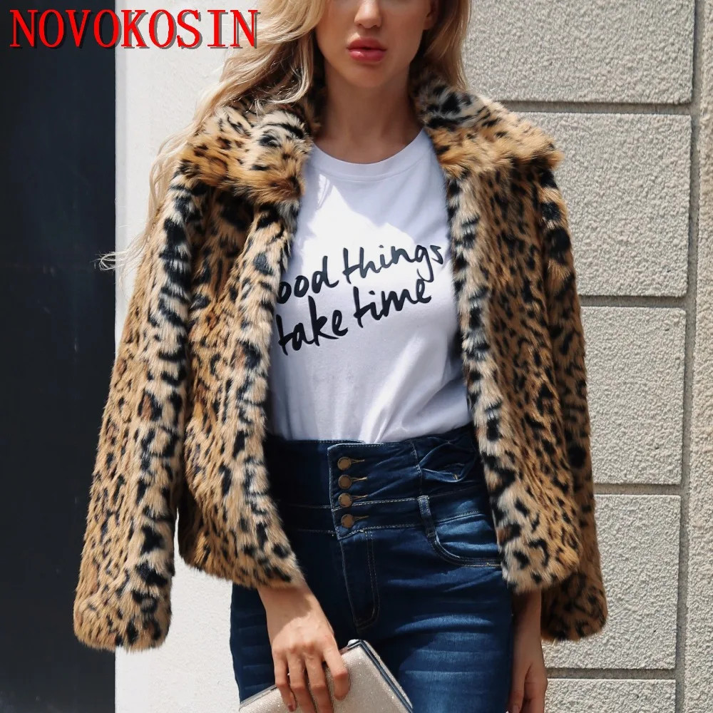 

S-3XL Winter Warm Open Stitch Turn-Down Neck Slim Plush Jacket Women Faux Fur Leopard Cardigan Ladies Thick Short Coat