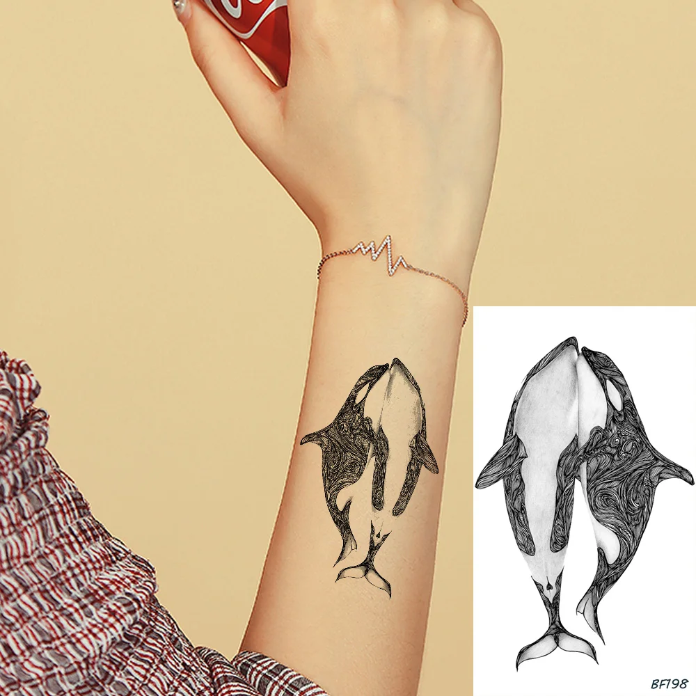 Cute 3D Black Whale Dolphin Water Tranfer Fake Wrist Tattoos Stickers Boys Girls Women Tattoo Temporary Ocean Custom Art Tatoos