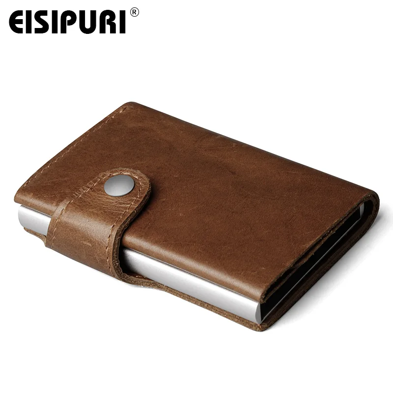 Men Prevents RFID information leakage 100% Genuine leather mini wallet safe Multifunction Aluminum Automatic Pop Up Card