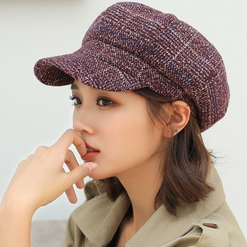 HT1991 Women Men Wool Felt Berets High Quality Autumn Winter Hat Thick Warm Unisex Octagonal  Cap Retro Plaid Beret Cap