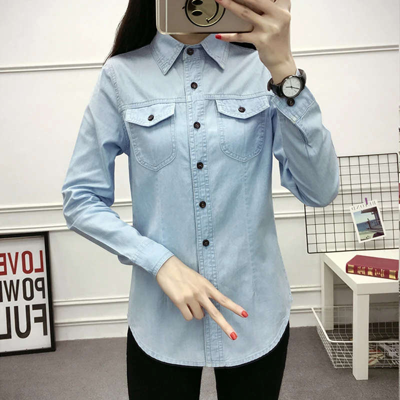 Autumn Long Sleeve Denim Shirts Women Casual Streetwear Pockets Button Up Slim Ladies Tops Cotton Vintage Jean Blouses Sky Blue