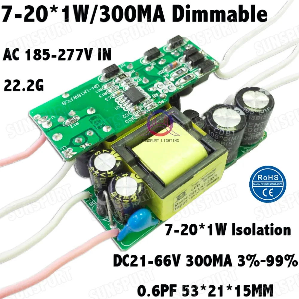 5 Pieces Isolation 20W AC185-277V LED Dimmable Driver 7-20x1W 300mA 3%-99% DC21-66V  Constant Current  Bulb Lamp Free Shipping