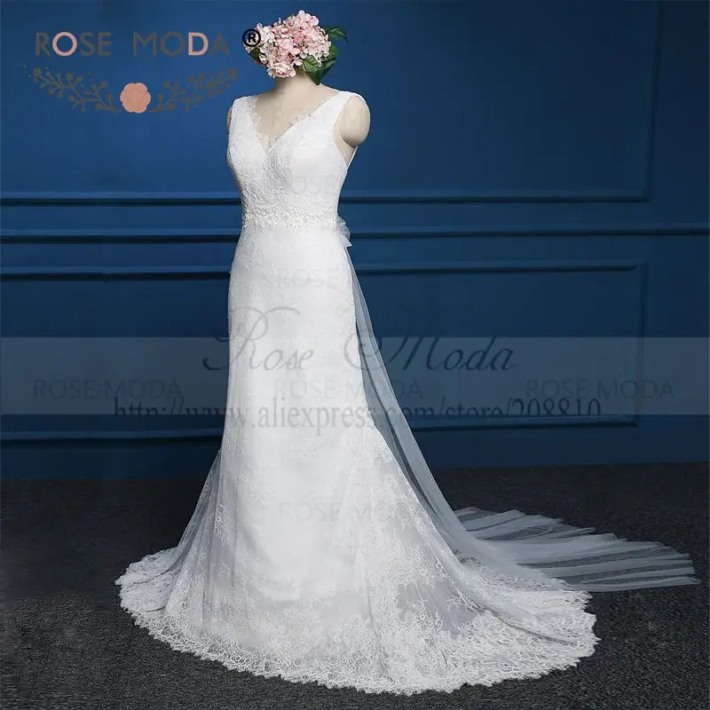 Rose Moda Deep V Neck Lace Wedding Dresses with Removable Train Real Photos