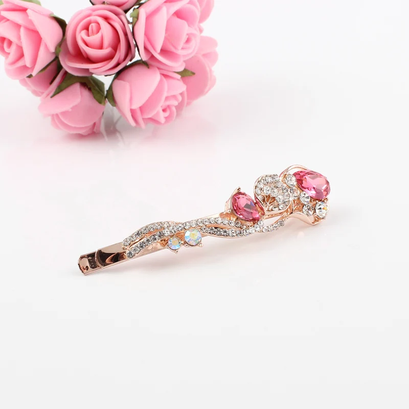 1 PC hair clip women flower rhinestones blue pink purple girls hot brand hairclip K9 crystal stones golden alloy head jewelry