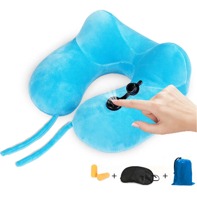 YOUGLE  Air Inflatable U-Shaped Pillow Headrest Support with Eyeshade and Earplugs For Airplane Camping Hiking