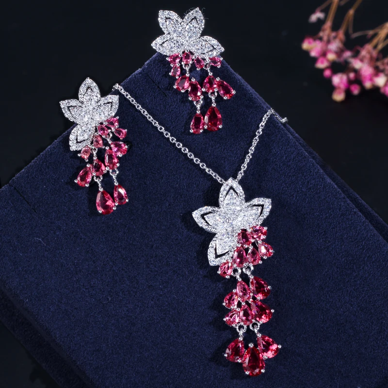CWWZircons 2026 Neuheit Kubische Zirkonia Quasten-Blumen-Ohrringe und Anhänger-Halskette Modische Damen-Schmucksets T334 – Detail 6